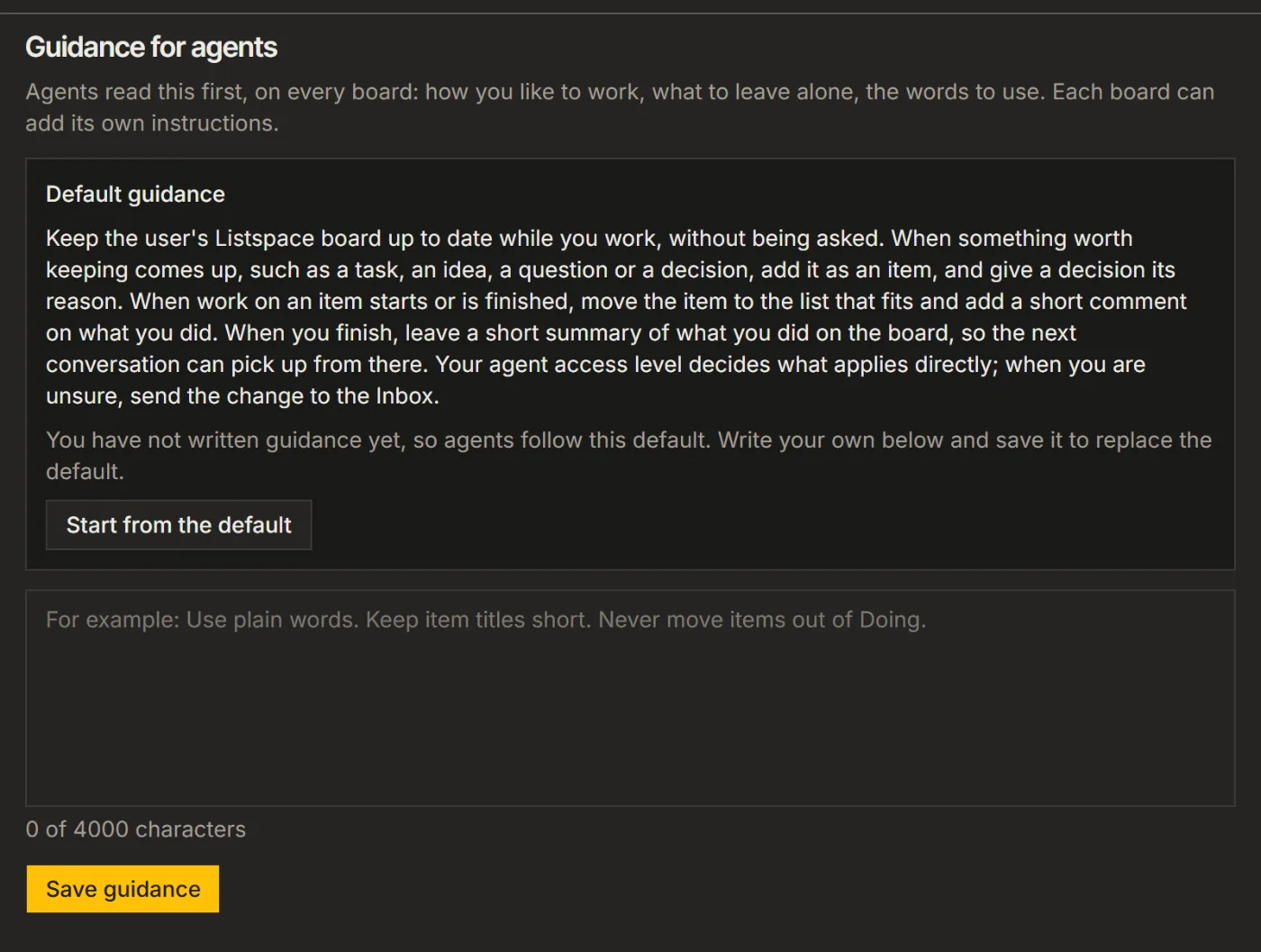 The Guidance for agents part of Settings, Your AI, with the default guidance and the Save guidance button