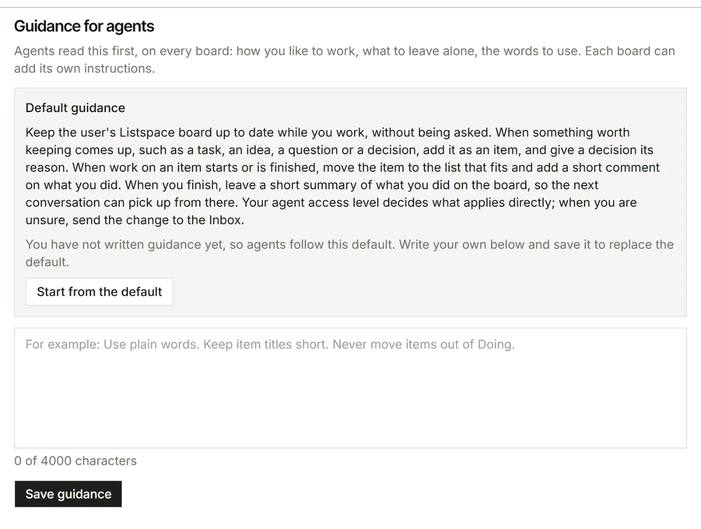 The Guidance for agents part of Settings, Your AI, with the default guidance and the Save guidance button
