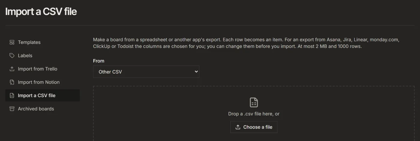 The Import a CSV file page, with the From picker and the Choose a file button