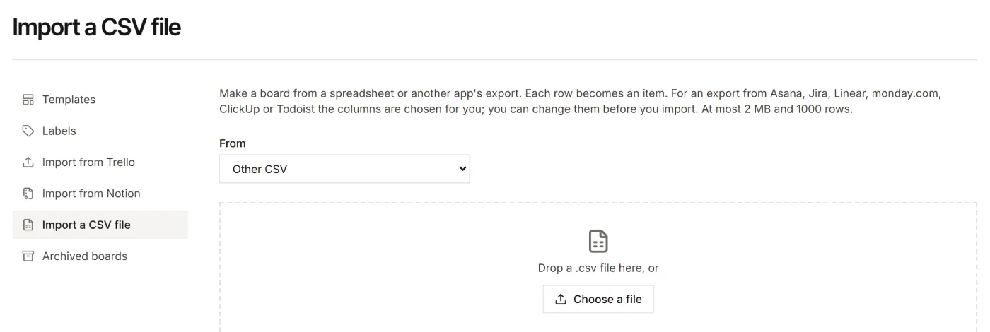 The Import a CSV file page, with the From picker and the Choose a file button