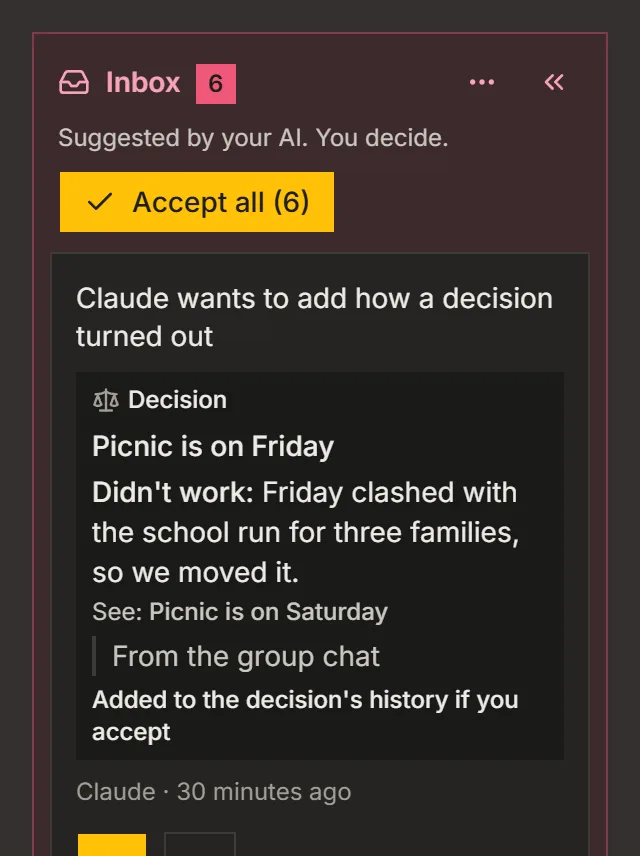 The Inbox of a board with Claude's proposal to add how a decision turned out
