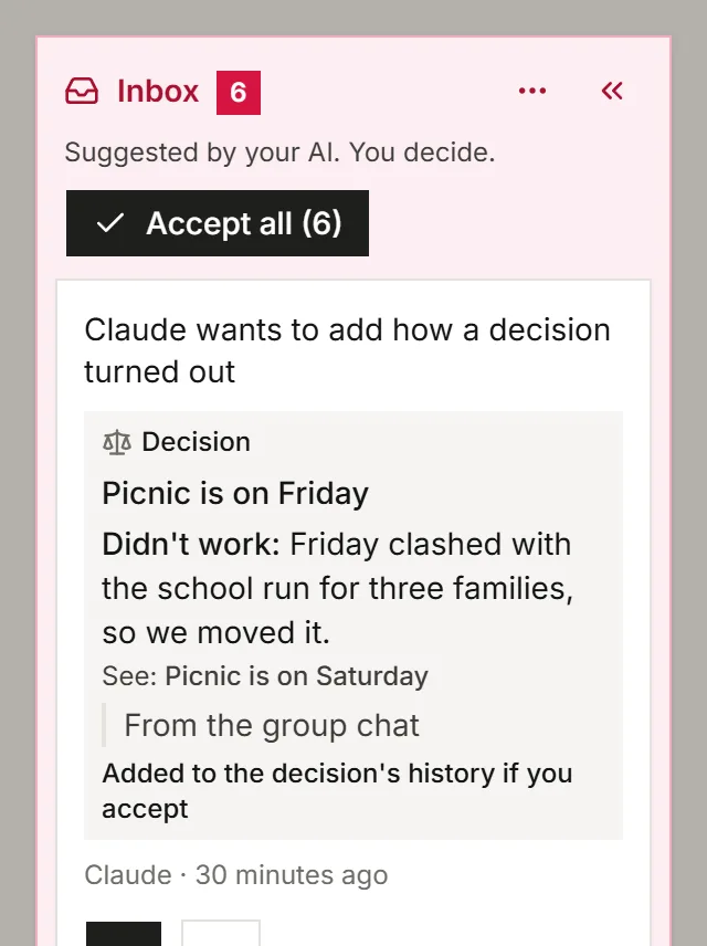 The Inbox of a board with Claude's proposal to add how a decision turned out