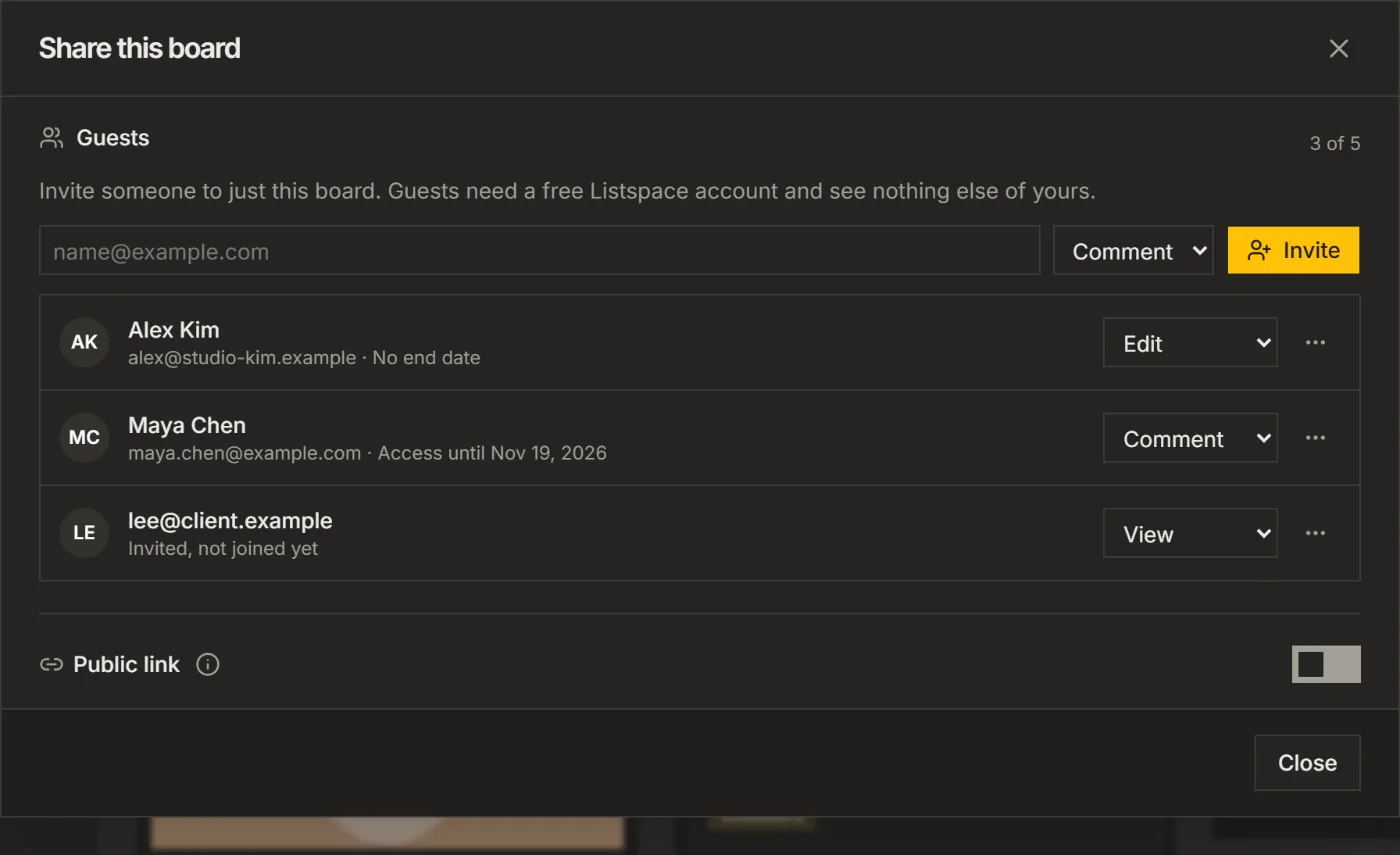 The Share window with the Guests part: the invite box with a role, three guests with their roles, and the Public link switch