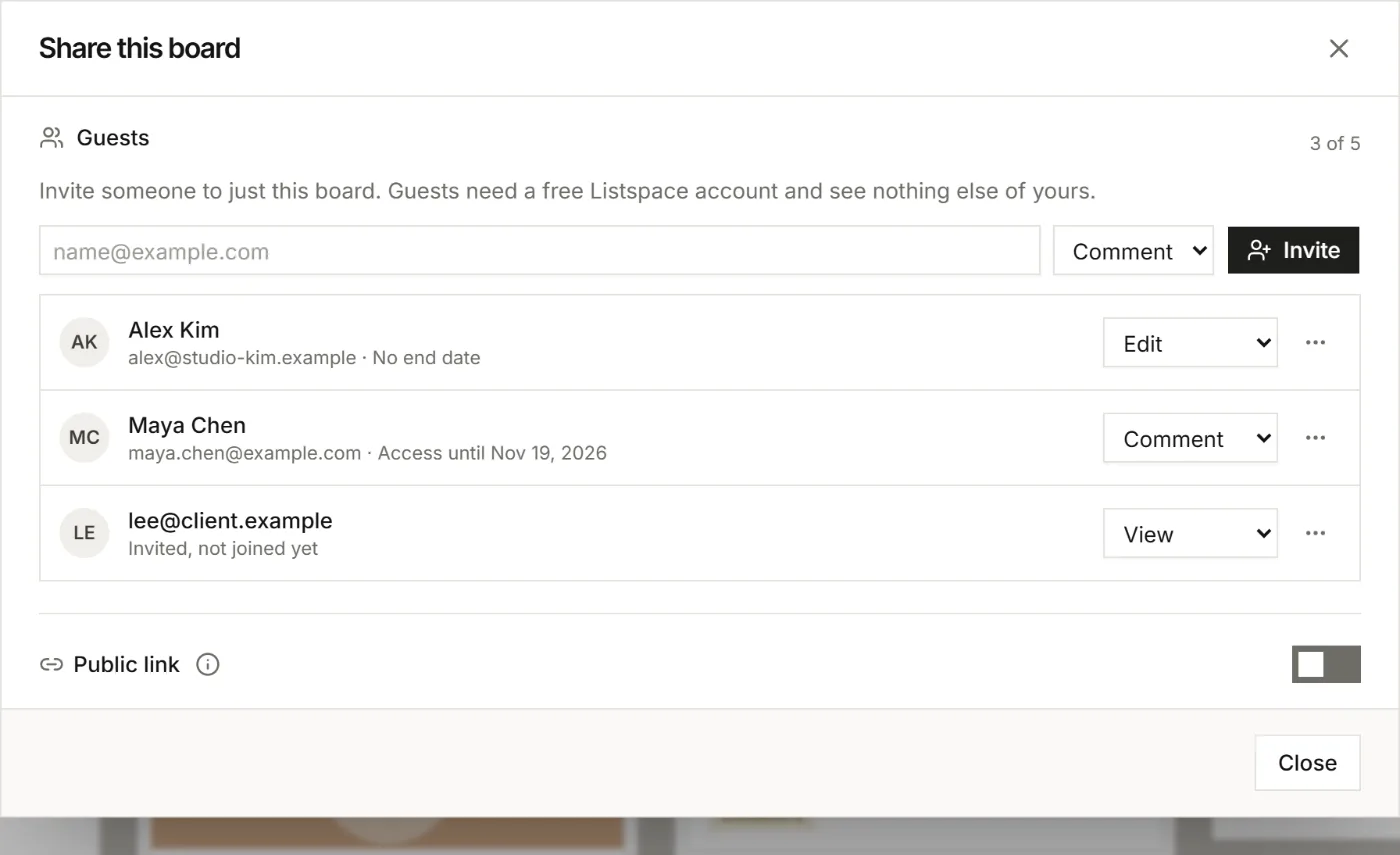 The Share window with the Guests part: the invite box with a role, three guests with their roles, and the Public link switch