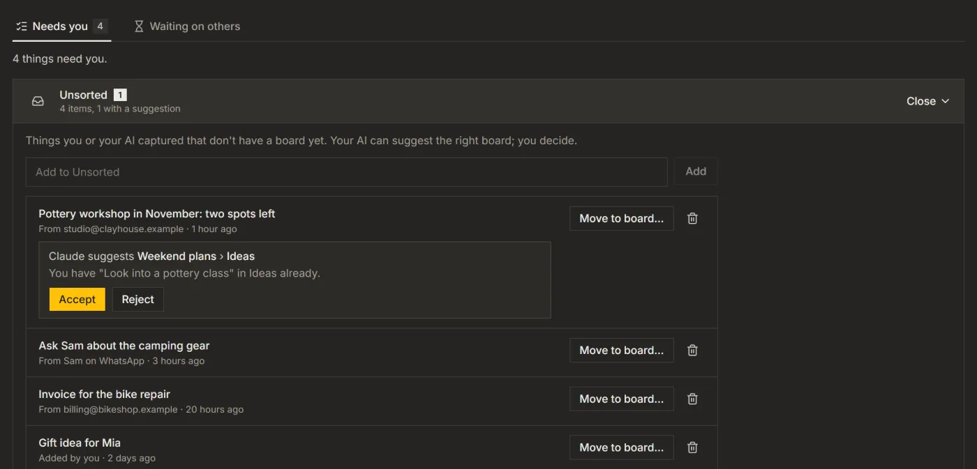 For you with the Unsorted list open: four items, one with Claude's suggestion and Accept and Reject
