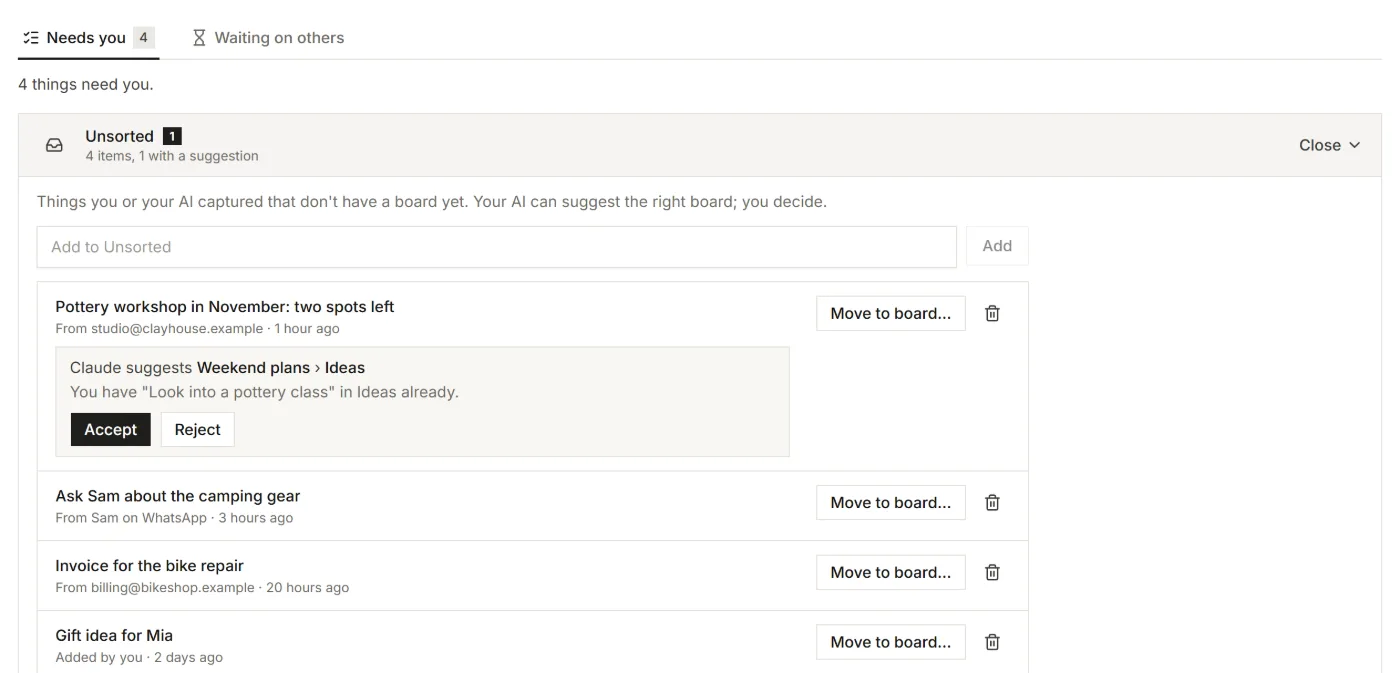 For you with the Unsorted list open: four items, one with Claude's suggestion and Accept and Reject