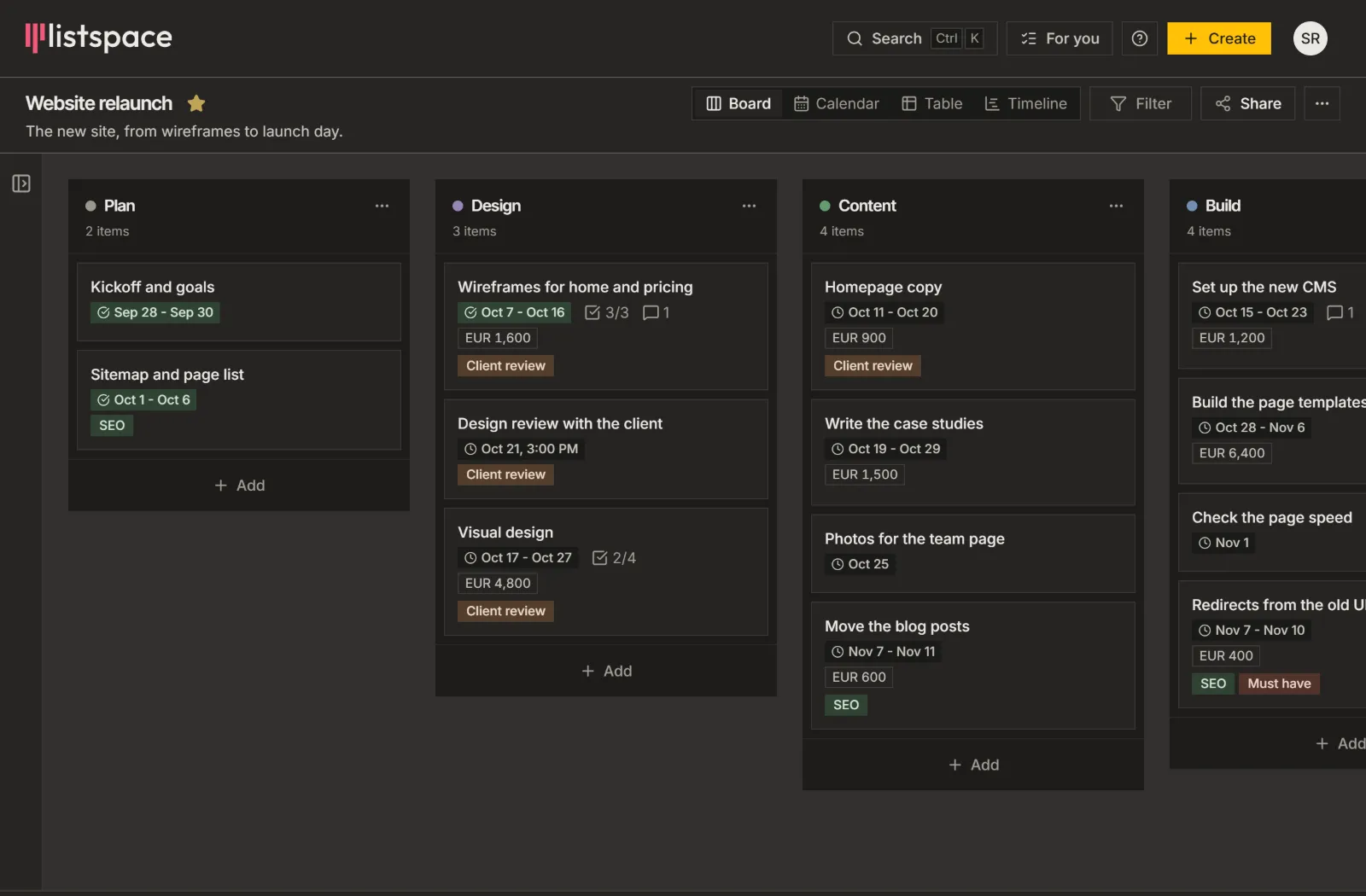 A Listspace board called Website relaunch, with lists for Plan, Design, Content and Build and their items