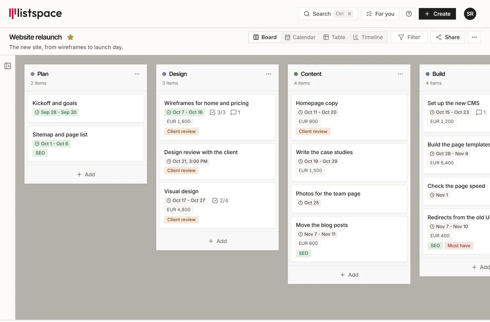 A Listspace board called Website relaunch, with lists for Plan, Design, Content and Build and their items
